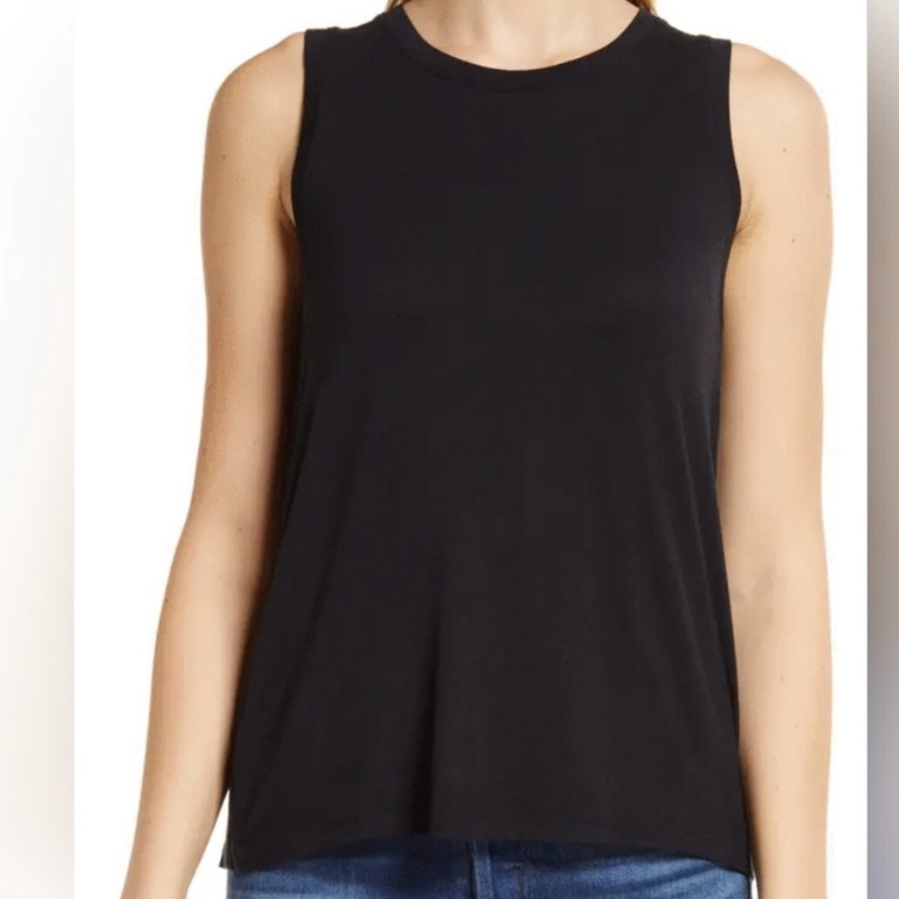 Halogen Crewneck Keyhole Split Hem High/Low Black Tank Top, Small